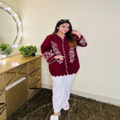 marooon Embrodiry tops with white   formal pant