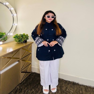 Nevy  blue Embrodiry tops with white   formal pant